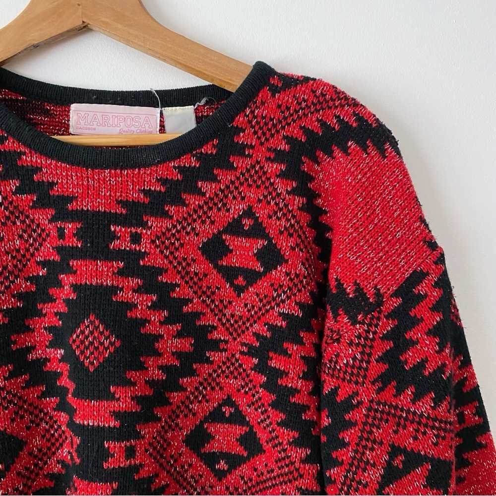 Vintage Mariposa Black Red Metallic Geometric Sweater